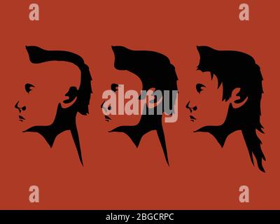 Trio di testa maschio silhouette nero disegnato a mano con diversi stili di capelli su sfondo arancione scuro paesaggio Illustrazione Vettoriale