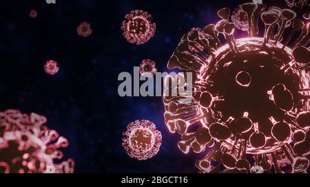 Immagine 3D di un virus sullo sfondo, Coronavirus 2019-nCov, nuovo concetto di coronavirus e influenza asiatica o casi di epidemia di influenza come pandemia. Foto Stock