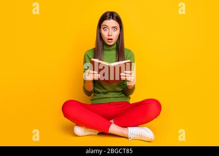 Foto di divertente bella signora sedersi piano tenendo scuola letteratura libro lettura intrigue storia thriller indossare pantaloni casual verde jumper rosso Foto Stock