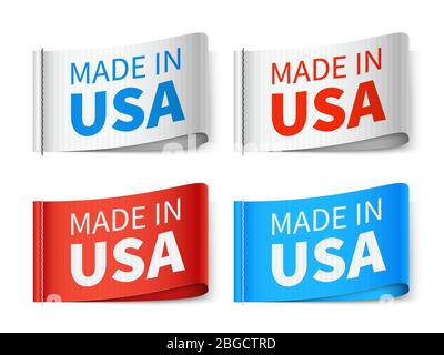 Cartellini in tessuto, set di etichette vettoriali per la moda, realizzati negli usa. Etichetta USA, illustrazione del simbolo Made in america Illustrazione Vettoriale