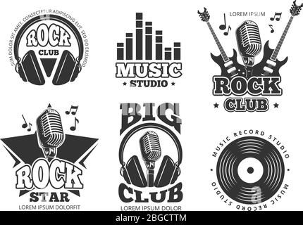 Registrazione audio retro, etichette vettoriali audio da studio, badge, logo, emblemi Illustrazione Vettoriale