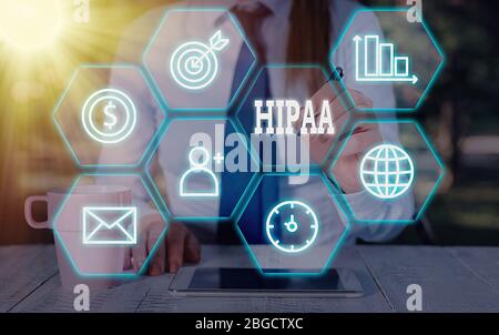 Nota di scrittura che mostra Hipaa. Concetto di business per Acronimo significa portabilità dell'assicurazione sanitaria responsabilità Foto Stock