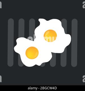 Colazione gustosa e abbondante - uova in padella. Illustrazione vettoriale piatta di due uova fritte in una teglia per grigliate. Illustrazione Vettoriale