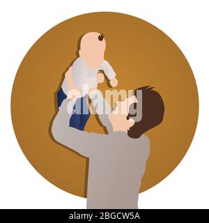 Padre che gioca insieme con il figlio del bambino su sfondo marrone. Moderno vettore in stile piatto. Papà e bambino trascorrono il tempo insieme. Saluto il giorno del buon Padre Illustrazione Vettoriale