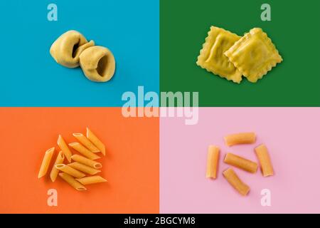 Collage di diversi tipi di pasta su sfondo colorato Foto Stock