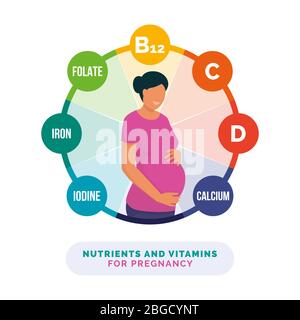 Nutrienti e vitamine per la gravidanza: Infografica sulla nutrizione e sulla salute con donna in gravidanza sorridente che tiene il ventre Illustrazione Vettoriale