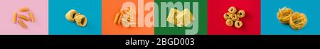 Collage di diversi tipi di pasta su sfondo colorato. Foto panoramica. Foto Stock