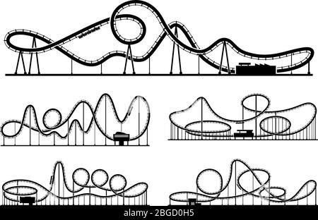 Le silhouette vettoriali rollercoaster si isolano su sfondo bianco. Illustrazione del parco divertimenti Illustrazione Vettoriale