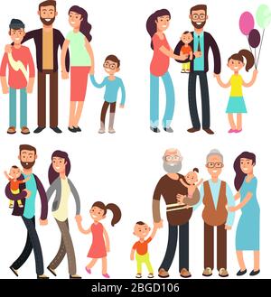Felice famiglia attiva cartoni animati personaggi vettoriali. Illustrazione del carattere familiare della gente insieme Illustrazione Vettoriale