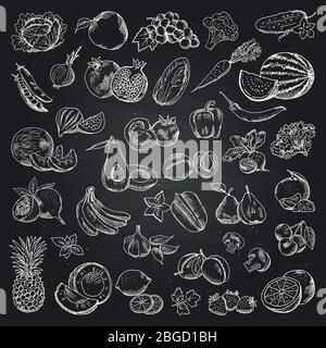 Frutta e verdura illustrazioni. Immagini di doodle dell'alimento di salute sullo sfondo nero. Set di vettori Illustrazione Vettoriale