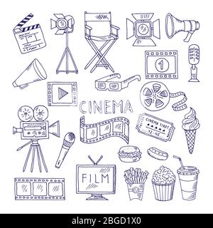 Set di doodle per cinematografia. Icone di intrattenimento video Illustrazione Vettoriale