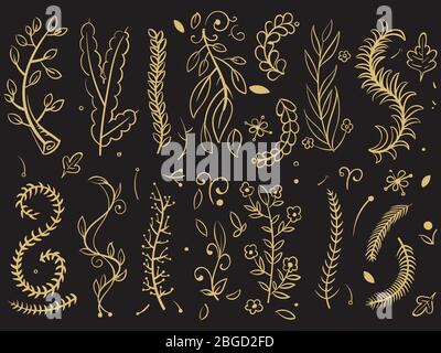 Alberi d'oro e rami floreali su sfondo nero. Ramo di albero di pianta, disegno floreale delle foglie. Illustrazione vettoriale Illustrazione Vettoriale