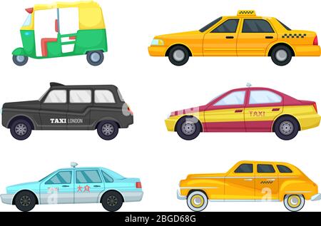 Taxi auto in diverse città. Trasporto per viaggi veloci. Set di illustrazioni vettoriali Illustrazione Vettoriale