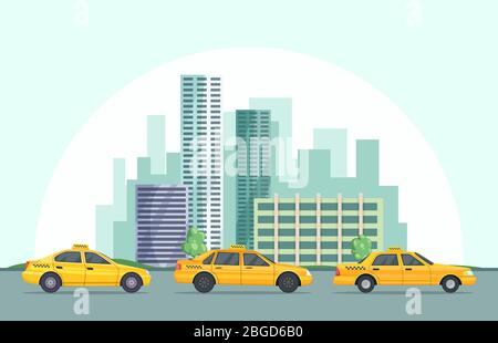 Illustrazione vettoriale di sfondo del moderno paesaggio urbano con diversi edifici e taxi auto Illustrazione Vettoriale