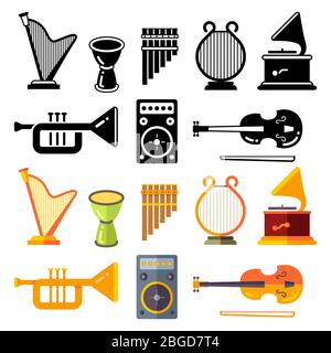 Silhouette colorate e nere dei più diffusi strumenti musicali classici. Illustrazione vettoriale Illustrazione Vettoriale