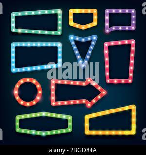 Segnaletica luminosa vintage per il cinema. Vegas casino frame vuoti con lampadine vettoriali set. Cornice al neon chiaro per l'illustrazione della bandiera del casinò Illustrazione Vettoriale