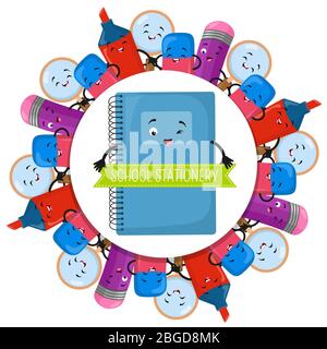 Cancelleria scuola rotondo banner design - cartoon vettoriale matita pennarelli notebook illustrazione Illustrazione Vettoriale