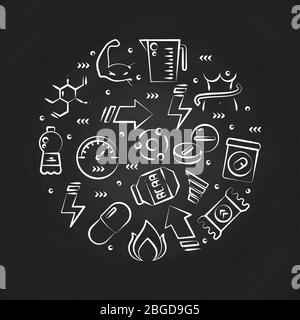 Sport integra potere, proteine e vitamine linea icone sulla lavagna. Illustrazione vettoriale Illustrazione Vettoriale