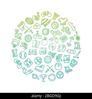 Icone della linea di strumenti sportivi in cerchio. Logo verde trendy outline fitness su bianco. Illustrazione vettoriale Illustrazione Vettoriale