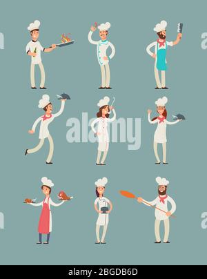Chef sorridenti del ristorante, cuochi professionisti in cucina uniforme vettore cartoni animati set di caratteri. Chef di carattere professionale in uniforme illustrazione Illustrazione Vettoriale