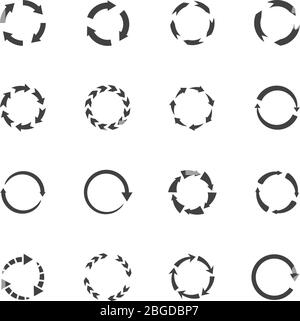 Simboli vettoriali a freccia di movimento rotondi. Icone con frecce circolari. Simbolo freccia di movimento circolare, illustrazione semplice del riciclaggio e della continuità Illustrazione Vettoriale