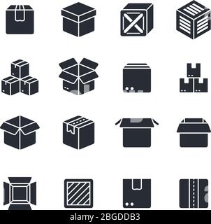 Icone di silhouette nere a scatola aperta e chiusa isolate. Simboli vettoriali del pacchetto. Scatola aperta e cartone per regalo, illustrazione contenitore vuoto Illustrazione Vettoriale