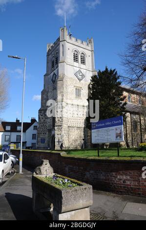 La chiesa dell'abbazia di Waltham, l'abbazia di Waltham, Essex, risale al 1050, fu eretta dal re Harold e sostituita da un edificio per l'orecchio. Foto Stock