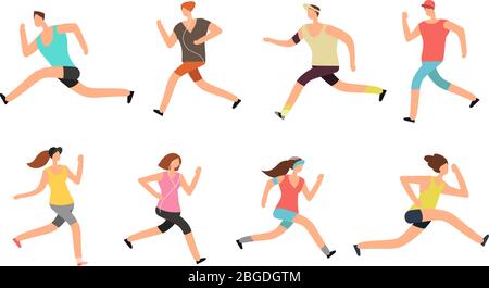 Atleta uomo e donna che corre. I corridori di gente energici in insieme vettoriale di abbigliamento sportivo. Atleta sportivo run and fitness, illustrazione di runner donna e uomo Illustrazione Vettoriale