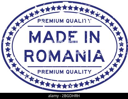 Grunge blu premiumq qualità made in Romania ovale sigillo business timbro su sfondo bianco Illustrazione Vettoriale