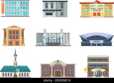 Diversi edifici comunali. Stazione di polizia, scuola, ospedale. Banca, business center e altri. Immagini vettoriali in stile cartoon Illustrazione Vettoriale