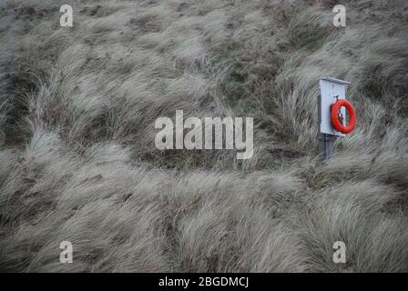 Grande lifbuoy arancione/rosso su un bordo bianco posto tra dune di sabbia sulla costa del Northumberland Foto Stock