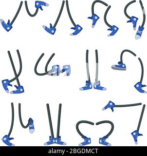 Personaggi gambe in scarpe. Diverse posizioni e situazioni. Camminare, correre e stare in piedi Illustrazione Vettoriale
