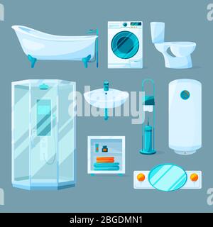 Mobili interni in bagno e diverse attrezzature. Illustrazioni vettoriali in stile cartoon Illustrazione Vettoriale