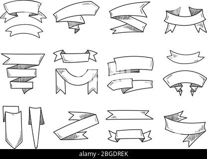 Nastri vintage Vector blank doodle, striscioni retrò disegnati a mano Illustrazione Vettoriale
