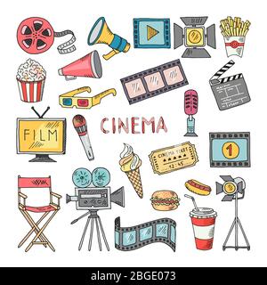 Set di icone vettoriali per l'intrattenimento di film. Immagini disegnate a mano Illustrazione Vettoriale