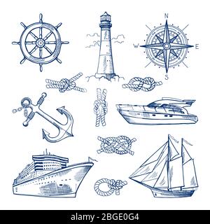 Set di doodles marini con navi, barche e ancore nautiche. Illustrazioni vettoriali in stile disegnato a mano Illustrazione Vettoriale