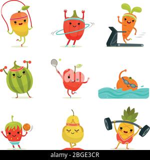 Frutta divertente fare esercizi di fitness. Cartoon vettoriale con alimenti dietetici Illustrazione Vettoriale
