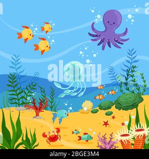Illustrazione subacquea di sfondo con animali oceanici, piante e pesci. Immagini vettoriali Illustrazione Vettoriale