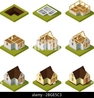 Visualizzazione di un edificio moderno su diverse fasi costruttive. Illustrazione isometrica del vettore Illustrazione Vettoriale