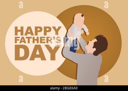 Biglietto di auguri per il giorno del buon Padre. Padre che gioca insieme con il bambino figlio e felice giorno dei padri su sfondo marrone. Moderno vettore in stile piatto. D Illustrazione Vettoriale