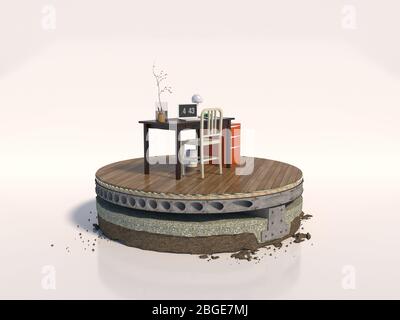 Design concettuale, pavimento in cemento armato con isolamento e parquet - tagliato in cerchio, in alto c'è una poltrona e un tavolino, 3D Foto Stock
