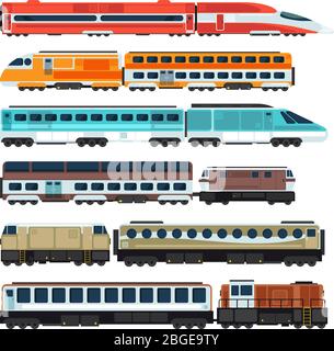 Treni e carrozze ferroviarie per passeggeri. Set trasporto ferroviario vettoriale piatto. Trasporto ferroviario ferroviario, trasporto in carrozza, trasporto in vagone illustrazione passeggeri Illustrazione Vettoriale