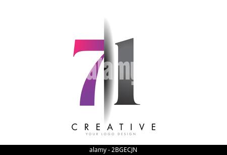 71 7 1 Logo di numeri grigio e rosa con disegno grafico creativo con taglio ombra. Illustrazione Vettoriale