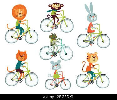 Carino animaletti leone, tigre, coniglio, rana, scimmia, giro del mouse una bicicletta Illustrazione Vettoriale