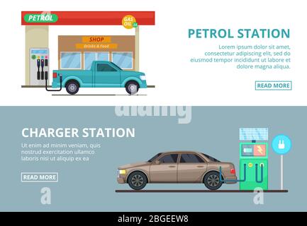 Ricarica dell'elettricità dell'automobile e stazione di benzina. Illustrazioni vettoriali in stile cartoon Illustrazione Vettoriale