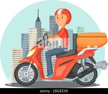 Illustrazione del concetto di consegna rapida. Paesaggio urbano con edifici moderni e moto o scooter Illustrazione Vettoriale