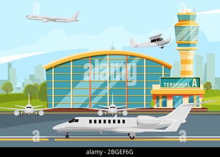Edificio moderno del terminal aeroportuale con torre di controllo. Pista con aerei Illustrazione Vettoriale