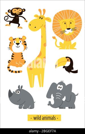 Animali set. Fumetto scimmia, giraffa, leone, ippopotamo, elefante, tigre, pirata toucan. Illustrazione Vettoriale