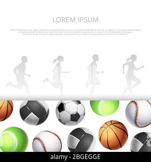 Modello banner sportivo e fitness con palle realistiche e silhouette da running. Palla Vector per la partita di calcio, pallavolo e basket illustrazione Illustrazione Vettoriale