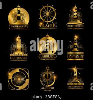 Etichette d'oro nautiche d'epoca con casa leggera, barca a mare e ancore. Illustrazione vettoriale Illustrazione Vettoriale